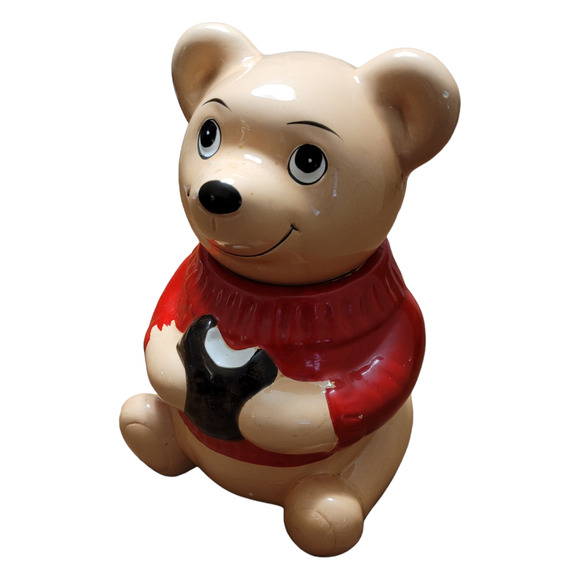 Vintage 13" Ceramic Bear Cookie Jar Red Sweater Taiwan Collectible Kitchenware - Picture 9 of 9